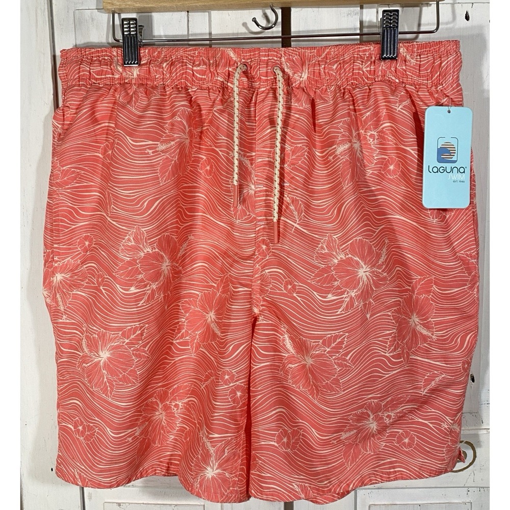 NWT Laguna Swim Men's Swim Trunks Sz L‎ Salmon Hibiscus Flower Lined 3 Pockets